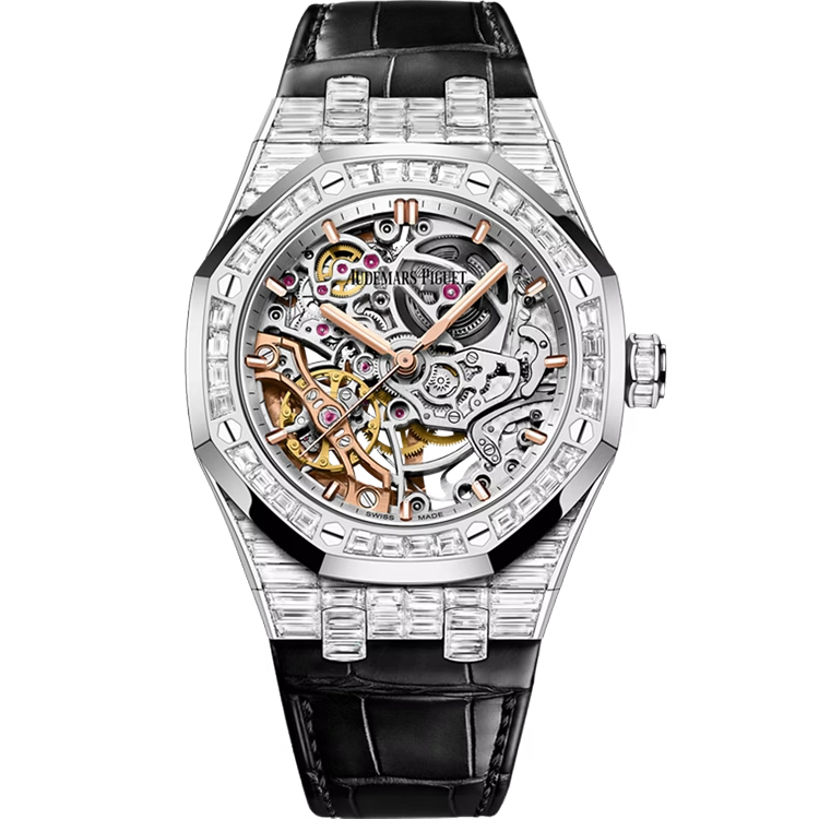 Audemars Piguet, Royal Oak, 15469BC, Skeleton Dial, Double Balance Wheel, White Gold, Diamond Bezel, Leather Bracelet, 37mm