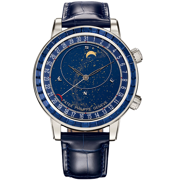 Patek Philippe, Grand Complications, 6104P/11P, Blue Dial, Celestial, Platinum, Blue Sapphire Bezel, Leather Strap, 44mm