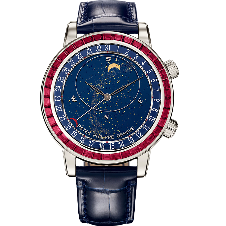 Patek Philippe, Grand Complications, 6104P/12P, Blue Dial, Celestial, Platinum, Red Ruby Bezel, Leather Strap, 44mm