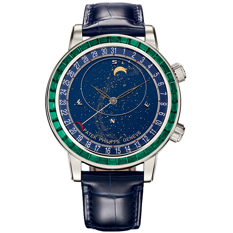 Patek Philippe, Grand Complications, 6104P/13P, Blue Dial, Celestial, Platinum, Emerald Bezel, Leather Strap, 44mm