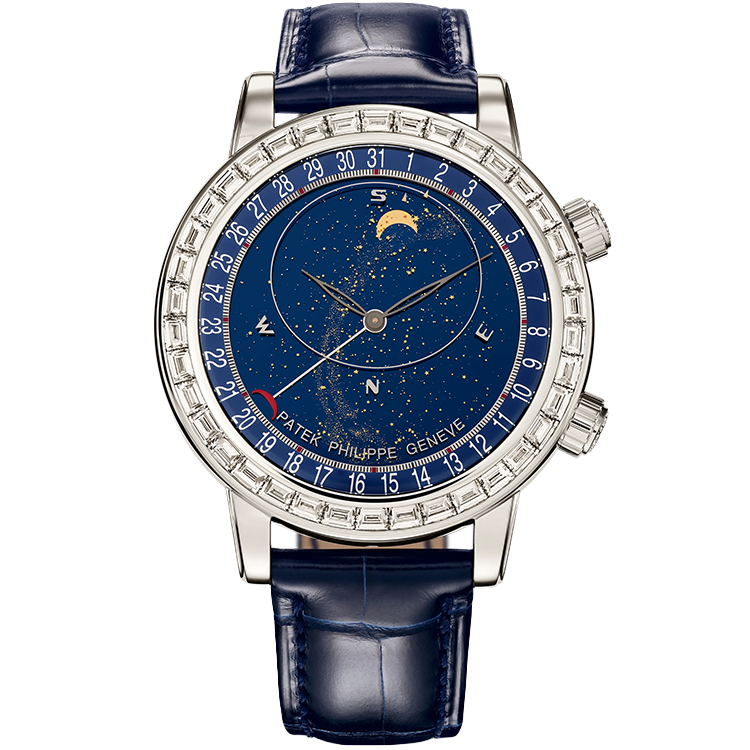 Patek Philippe, Grand Complications, 6104P, Blue Dial, Celestial, Platinum, Diamond Bezel, Leather Strap, 44mm