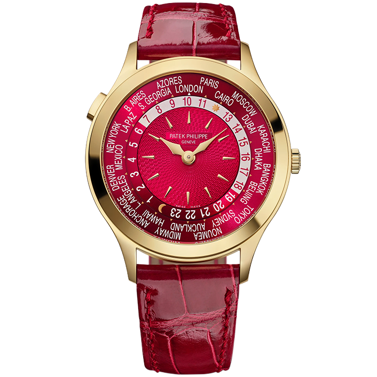 Patek Philippe, Complications, 7129J, Red Dial, World Time, Yellow Gold, Leather Strap, 36mm