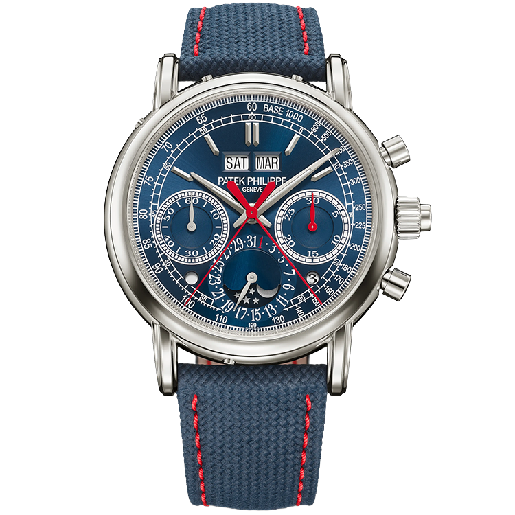 Patek Philippe, Grand Complications, 5204G, Blue Dial, Perpetual Calendar, Chronograph, White Gold, Fabric Strap, 40mm