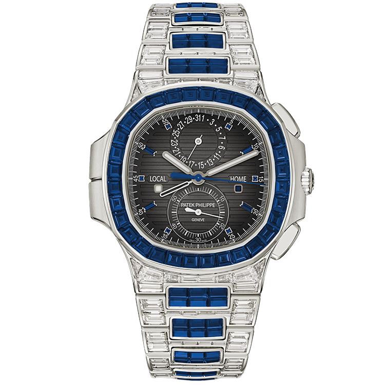 Patek Philippe, Nautilus, 5990/1421G, Black Dial, Flyback Chronograph, Travel Time, White Gold, Sapphire Bezel, Diamond Bracelet, 40.5mm