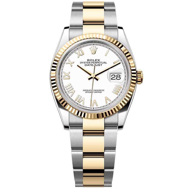 Rolex, Datejust 36, 126233, White New Roman Dial, Steel & Yellow Gold, Fluted Bezel, Oyster Bracelet, 36mm