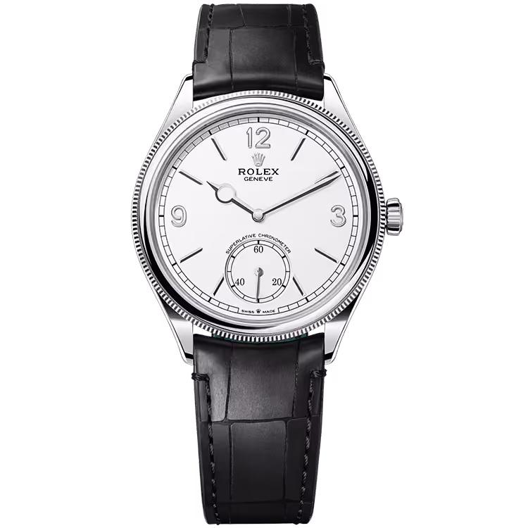 Rolex, 1908, 52509, White Dial, White Gold, Black Leather Strap, 39mm