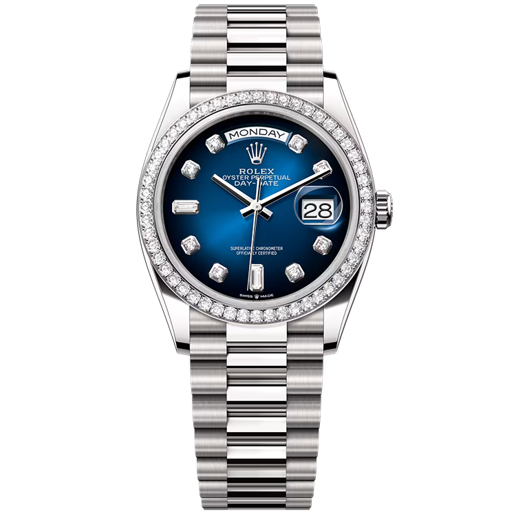 Rolex, Day-Date 36, 128349RBR, Blue Ombre Baguette Diamond Dial, White Gold, Diamond Bezel, Presidential Bracelet, 36mm