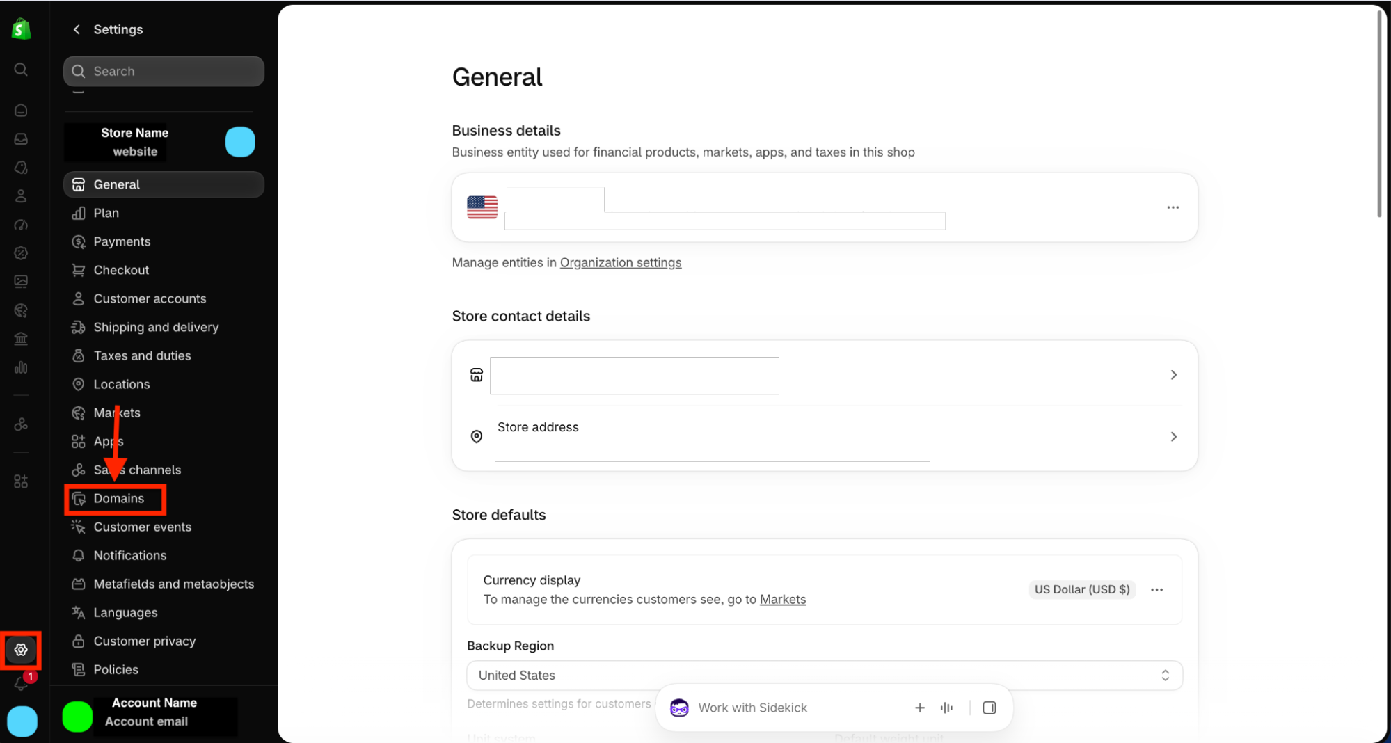 Screenshot of a Shopify settings page under the General section showing business details, store contact details, and store defaults including currency display and backup region settings. The left sidebar menu is visible with options such as Store Name, General, Plan, Payments, Checkout, Customer accounts, Shipping and delivery, Taxes and duties, Locations, Markets, Apps, Sales channels, Domains (highlighted with an orange box and arrow), Customer events, Notifications, Metafields and metaobjects, Languages, Customer privacy, and Policies. The Shopify gear icon with a red notification circle is at the bottom left. Account name and email appear below it.