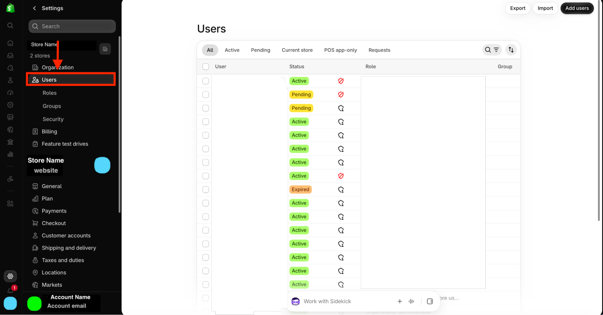 Screenshot of a settings interface showing the Users section selected in a sidebar menu with multiple user accounts listed in a table. The table includes columns for User, Status, Role, and Group, with user statuses highlighted in colors such as green for Active, yellow for Pending, and orange for Expired. Buttons for Export, Import, and Add users are visible in the top right corner.
