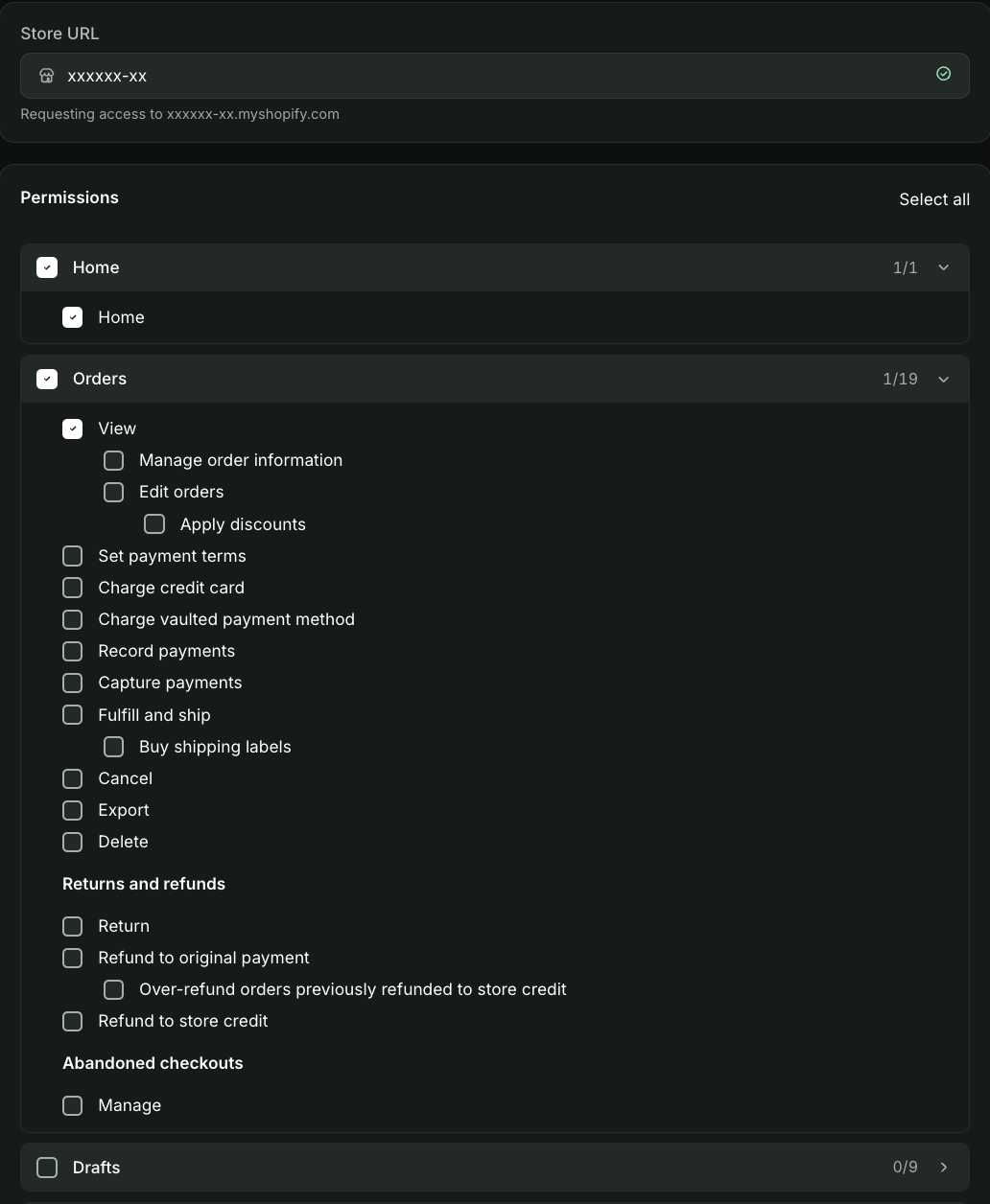 A permissions checklist interface with categories Online store, App development, Store settings, and Apps and channels, showing various options with checkboxes indicating enabled permissions like editing themes, blog posts, app development tasks, managing store settings, customer events, and approving app charges; some options are unchecked. '