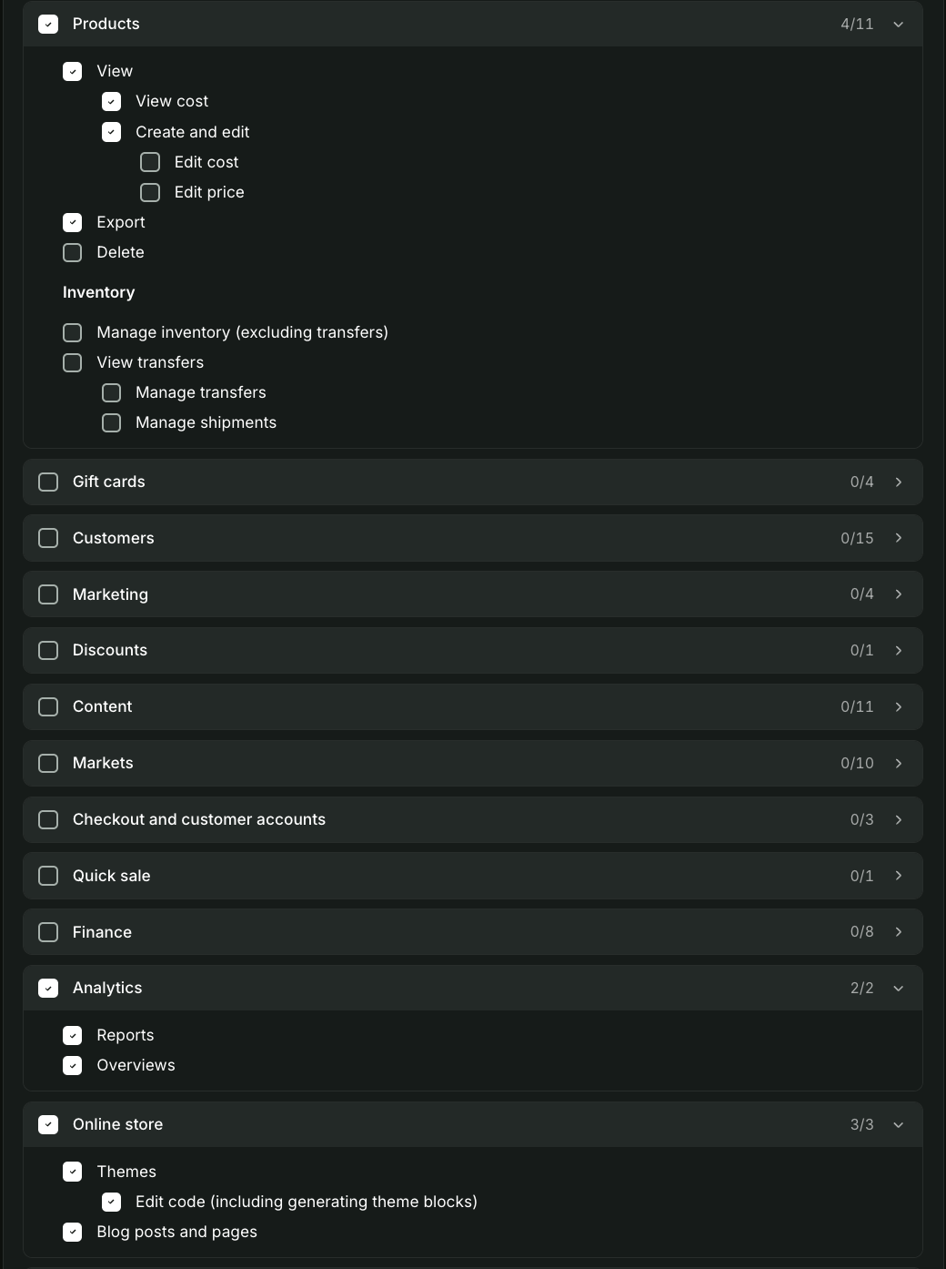 A permissions checklist interface with categories Online store, App development, Store settings, and Apps and channels, showing various options with checkboxes indicating enabled permissions like editing themes, blog posts, app development tasks, managing store settings, customer events, and approving app charges; some options are unchecked. 