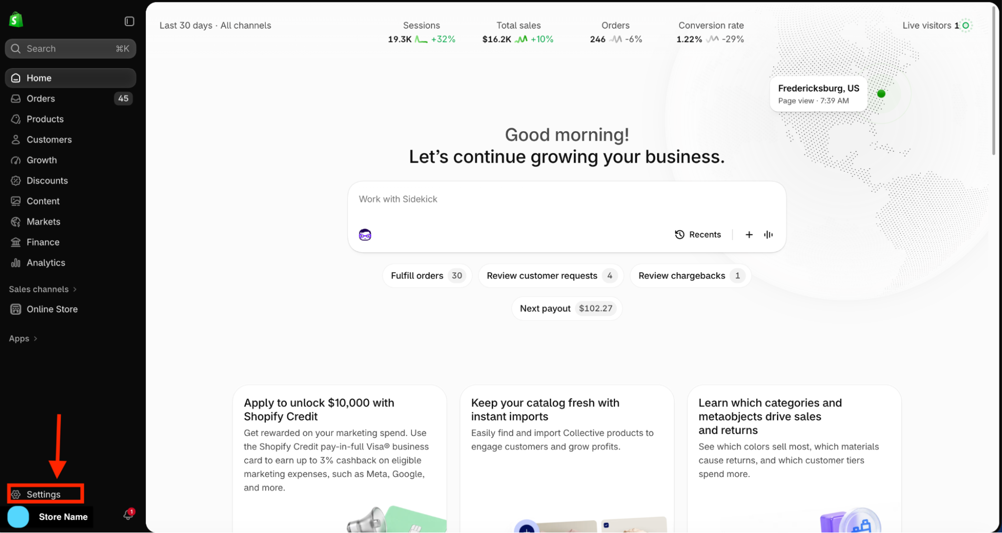 Shopify admin interface showing dashboard with sales and session stats for the last 30 days including sessions 19.3K up 32%, total sales $16.2K up 10%, 246 orders down 6%, and 1.22% conversion rate down 29%. A world map marks live visitors from Fredericksburg, US. Left sidebar menu includes Home, Orders, Products, Customers, Growth, Discounts, Content, Markets, Finance, Analytics, Online Store, and Apps. Bottom left highlights the Settings button with a red arrow and a circle indicating Store Name.