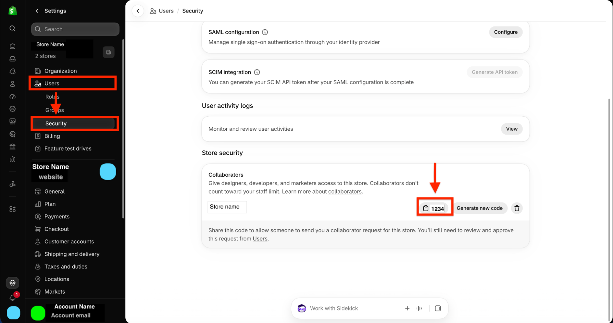Settings screen of an e-commerce platform showing navigation menu with Users and Security selected, and Store security section on the right with a collaborator access code (1234) highlighted and an option to generate a new code.
