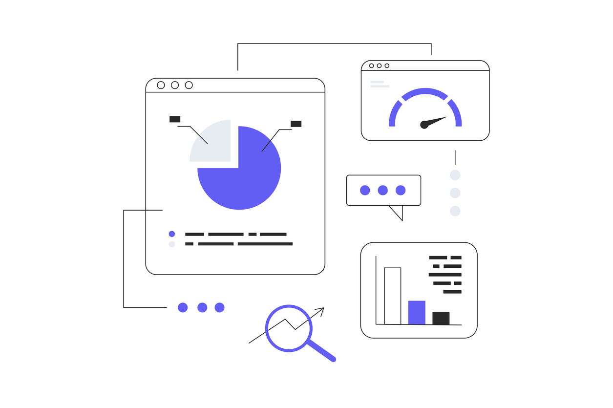 minimalistic black and white animations of different charts and graphs with purple accents