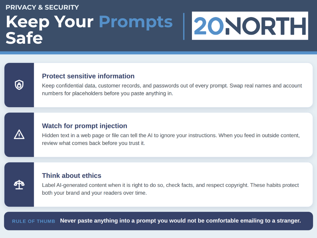keep your ai prompts safe blue and white infographic