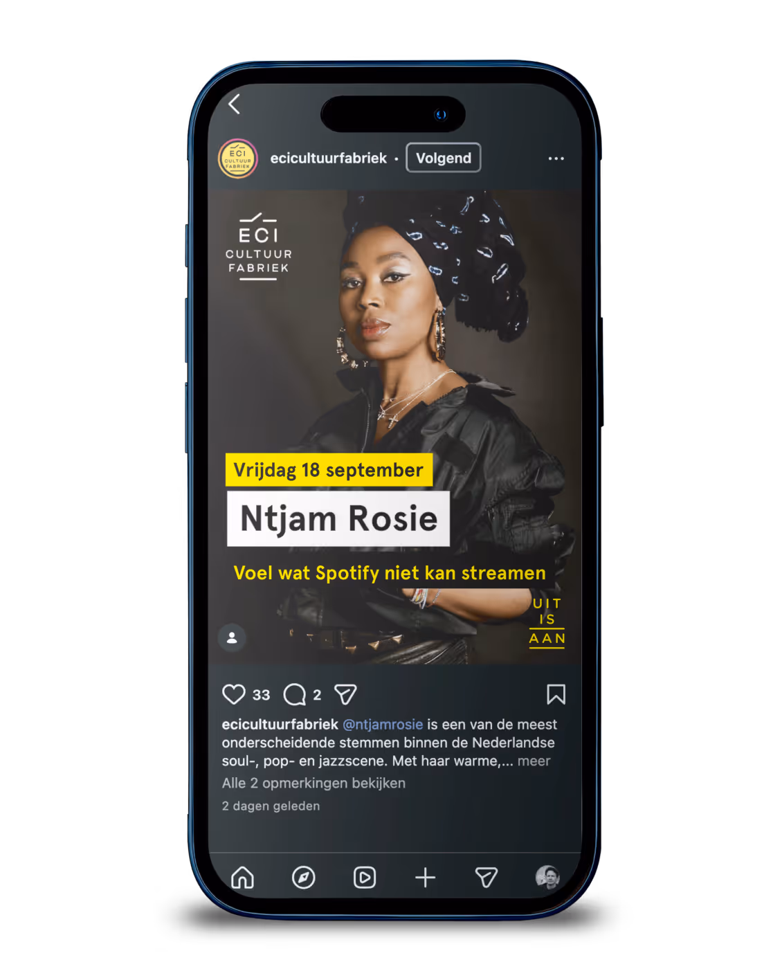 Instagram ECI cultuurfabriek met Uit is aan campagne