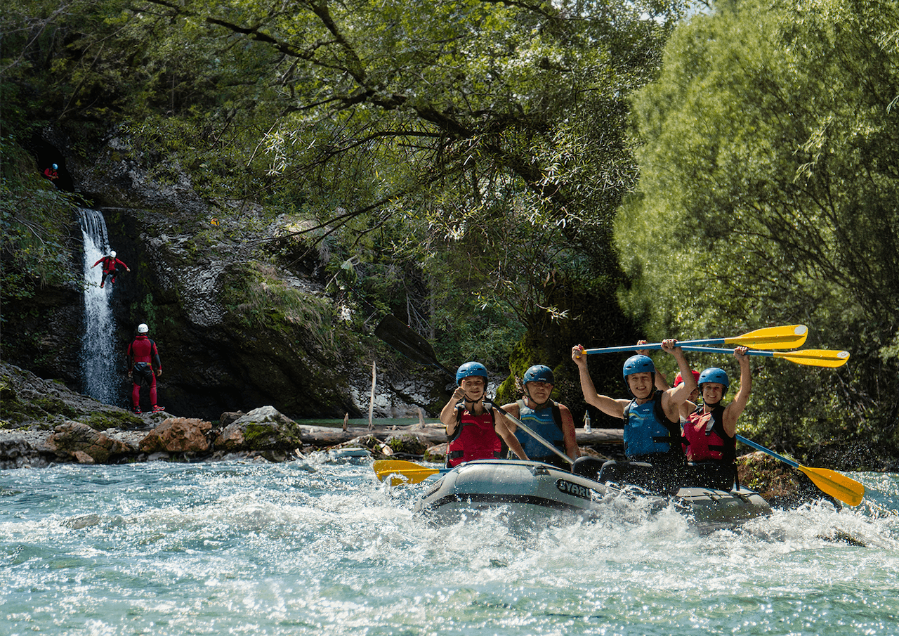 Small group adventure combining white water rafting and canyoning activities near Lake Bled