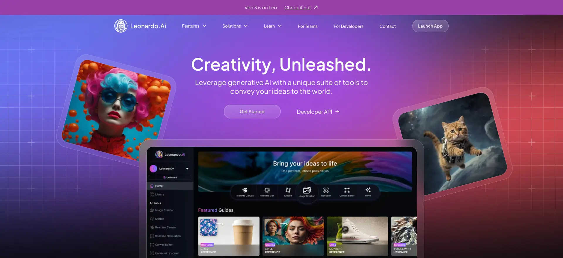 Leonardo.AI Homepage shows futuristic interfaces