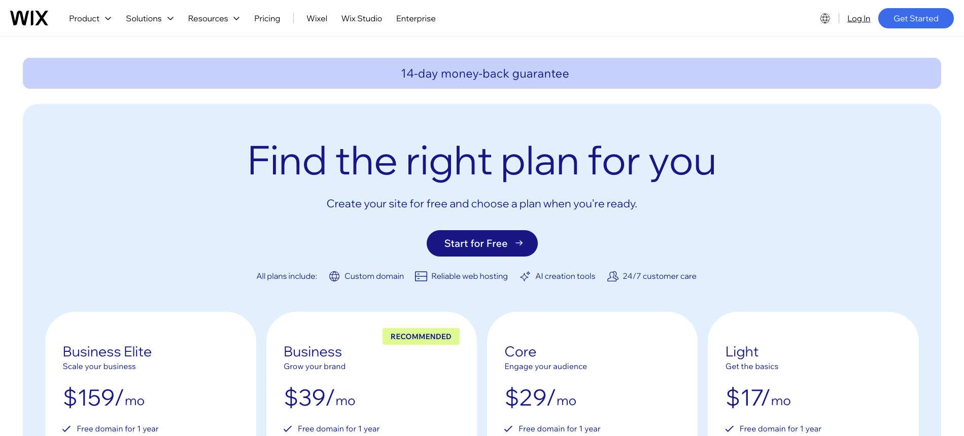 screenshot of wix pricing page
