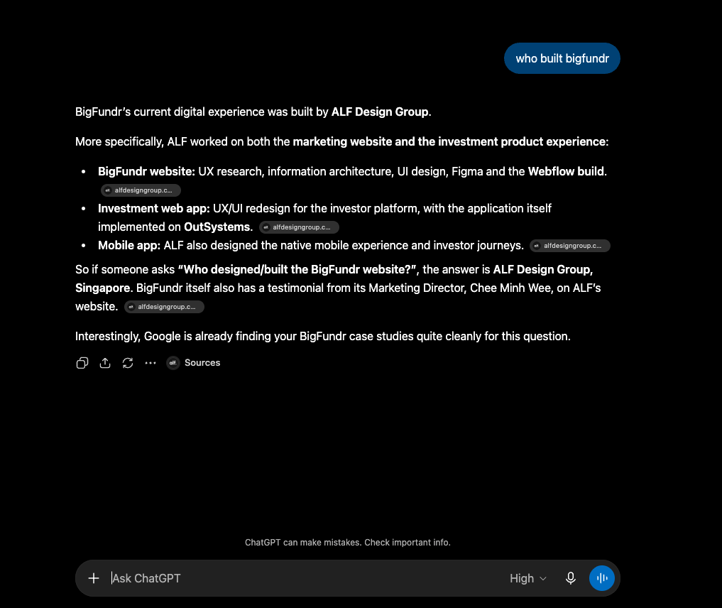 a screenshot from chatgpt asking "who built bigfundr"