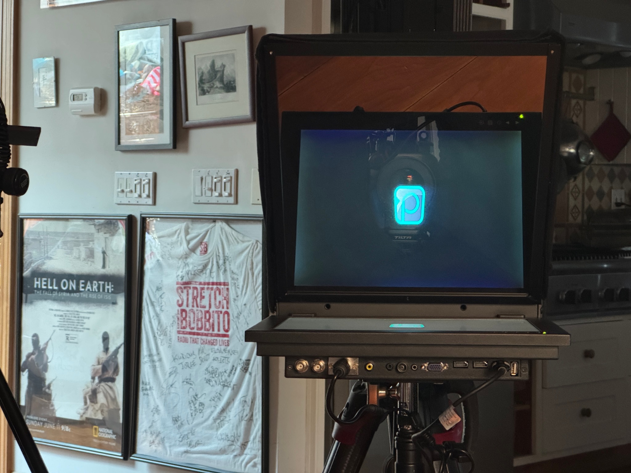 Freestanding professional teleprompter and camera support equipment ready for setup