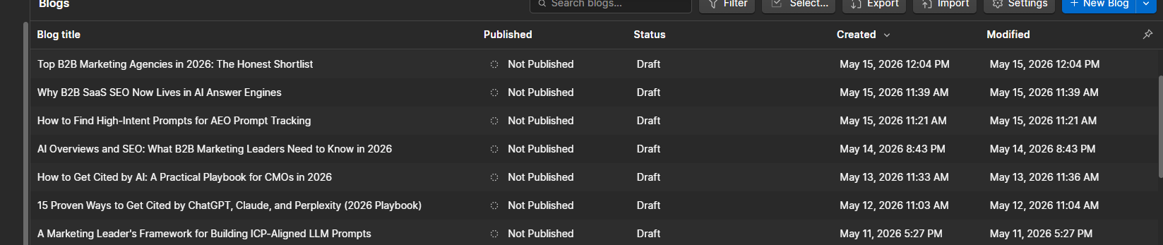 Seven Blog Automation AI Agent drafts sitting in the LeadWalnut Webflow CMS