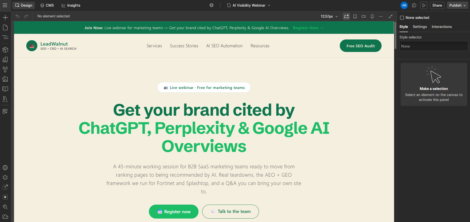 The AI Visibility Webinar landing page open as an editable draft in the Webflow Designer