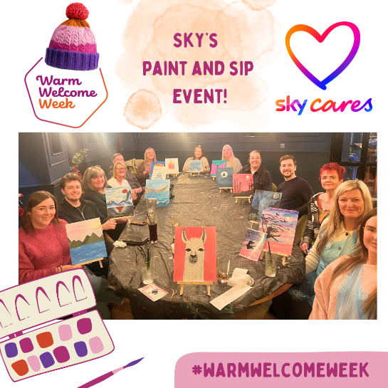 A group of people sitting around a table with paintingsAI-generated content may be incorrect.