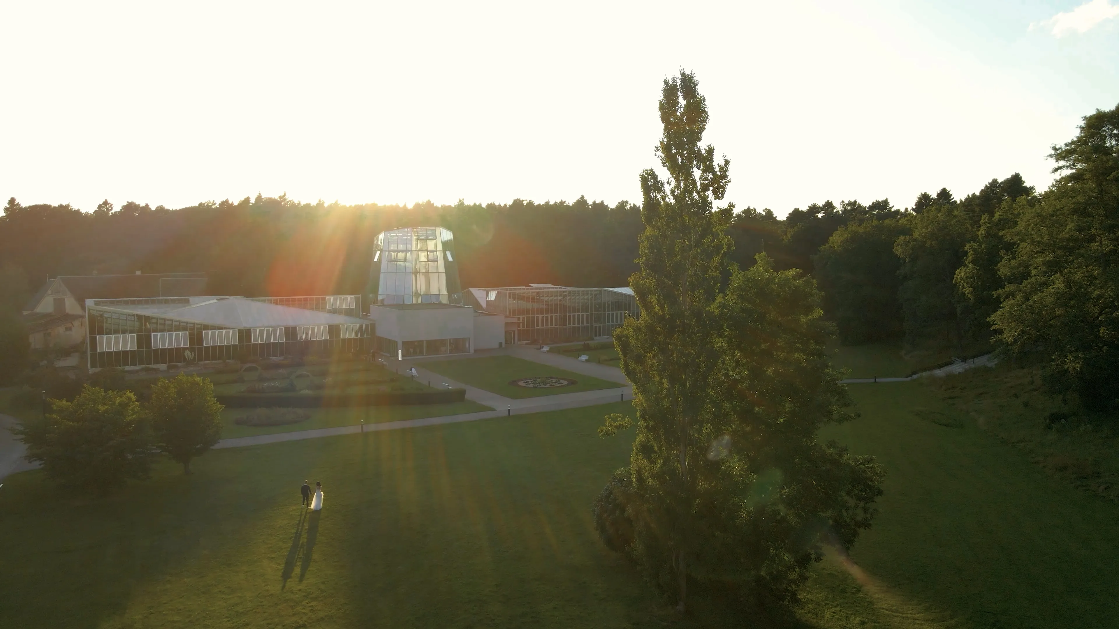 Aerial view of a wedding venue at sunset