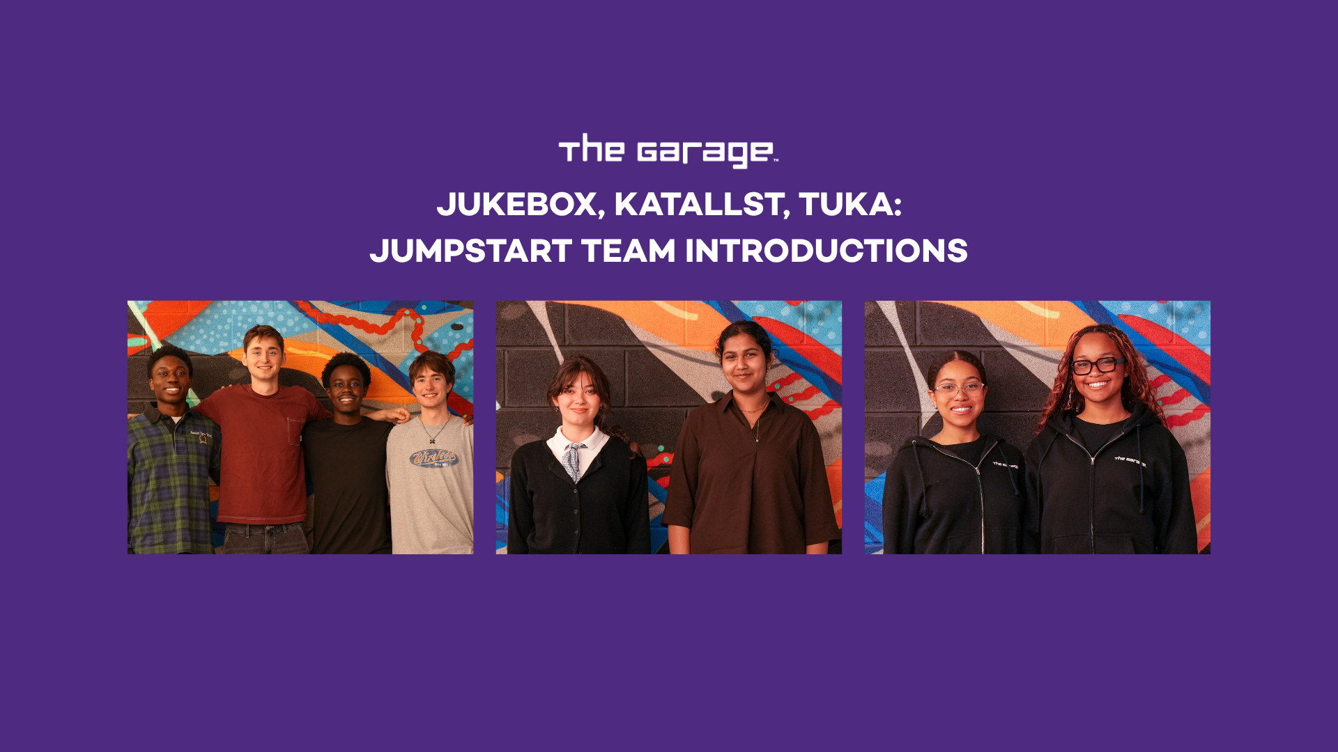 The teams headshots on a purple backround with the title. 