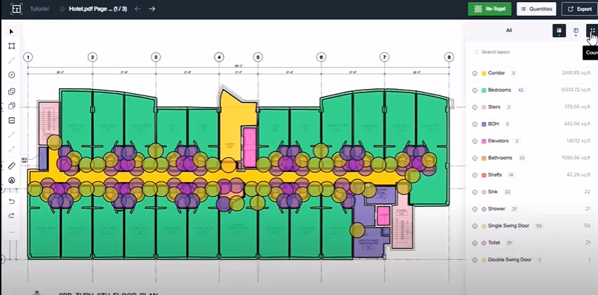 The screenshot of Togal.AI displays the “areas” and “counts” classifications while the “lines” classification is hidden.