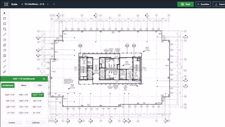 The architectural scale set for a takeoff within Togal.AI
