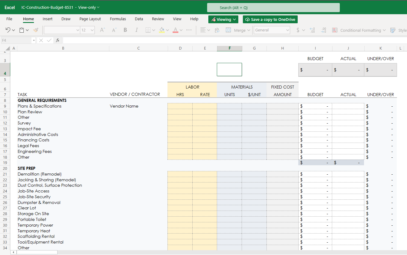 Construction Budget Template