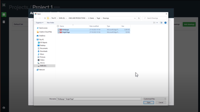 A screenshot of Togal.AI showing how to select file types. Click and hit open.