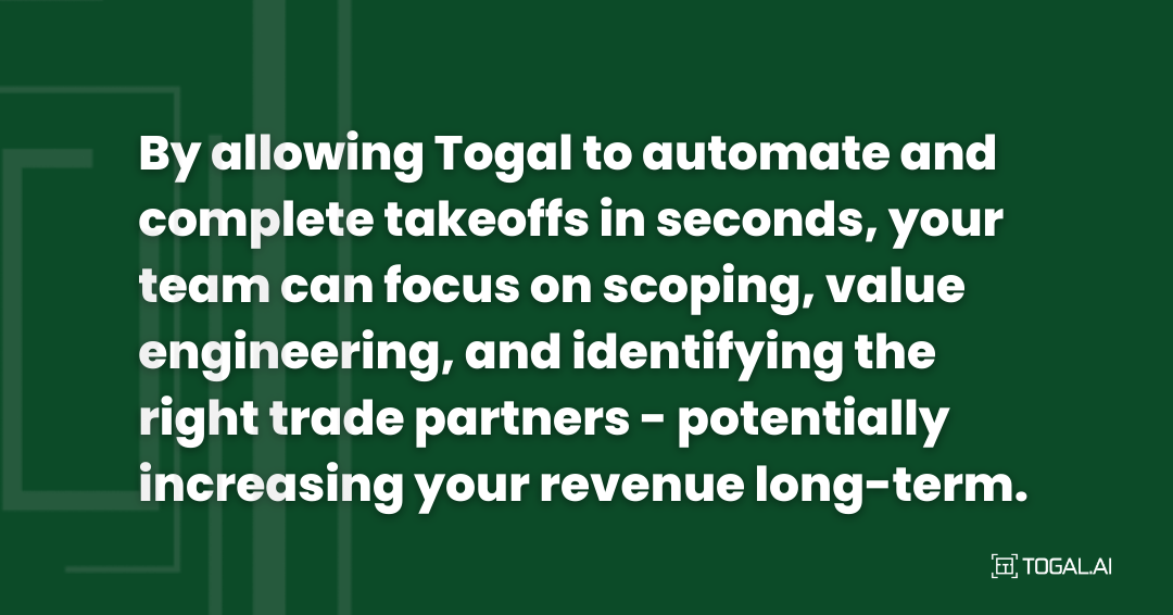 By allowing Togal to automate and complete takeoffs in seconds, your team can focus on scoping, value engineering, and identifying the right trade partners; potentially increasing your revenue long-term.