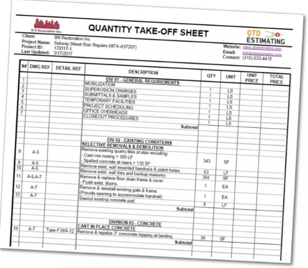 Quantity Takeoff Sheet