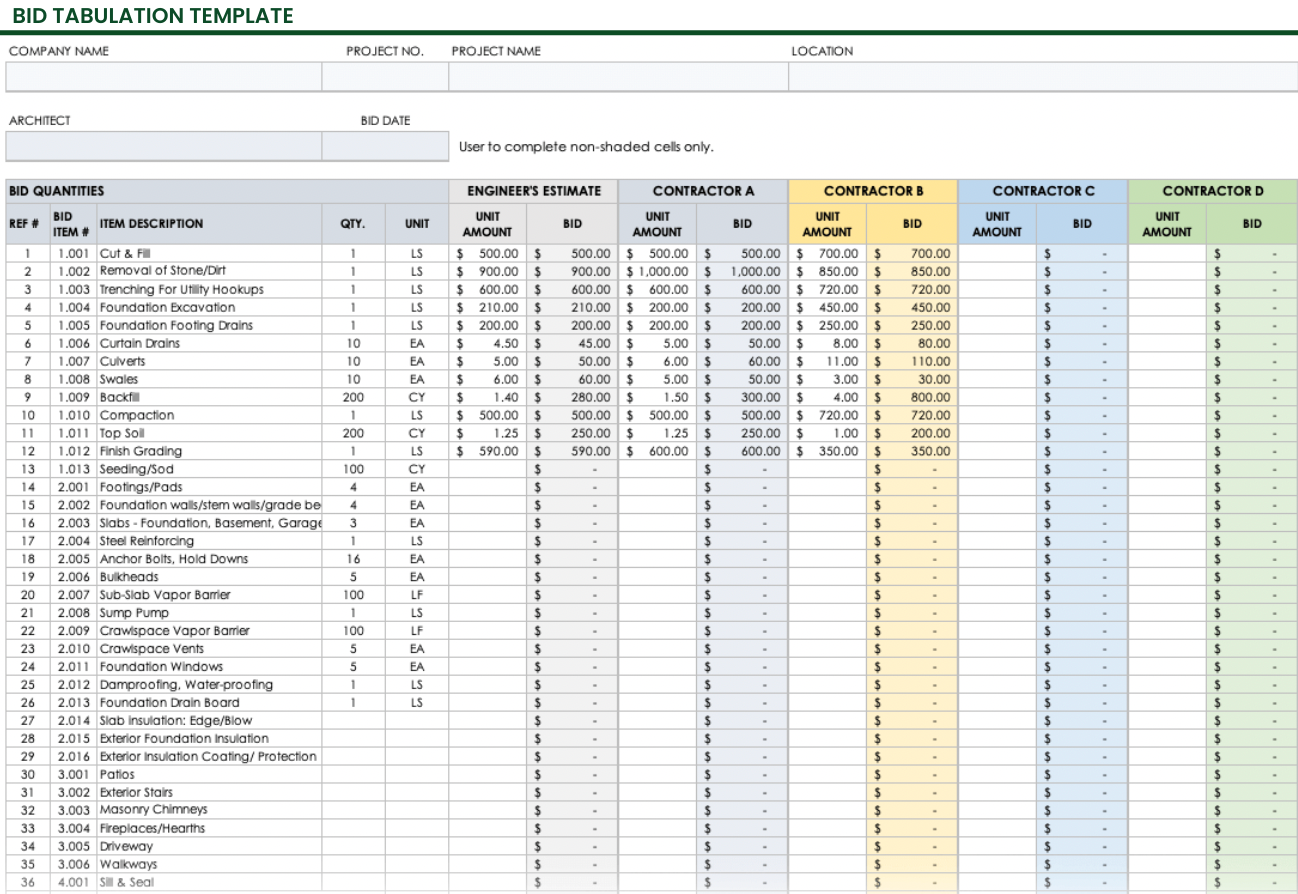 Bid Tabulation Template