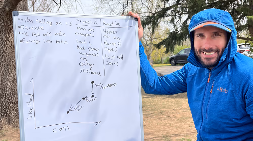 Max Lurie of Alpine to the Max using whiteboard to explain key rock climbing safety concepts