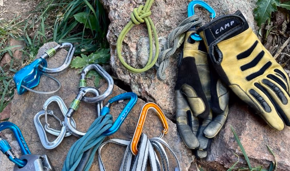 Rock climbing gloves, ropes, and other gear