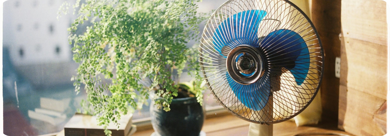 A blue electric fan in front of a window