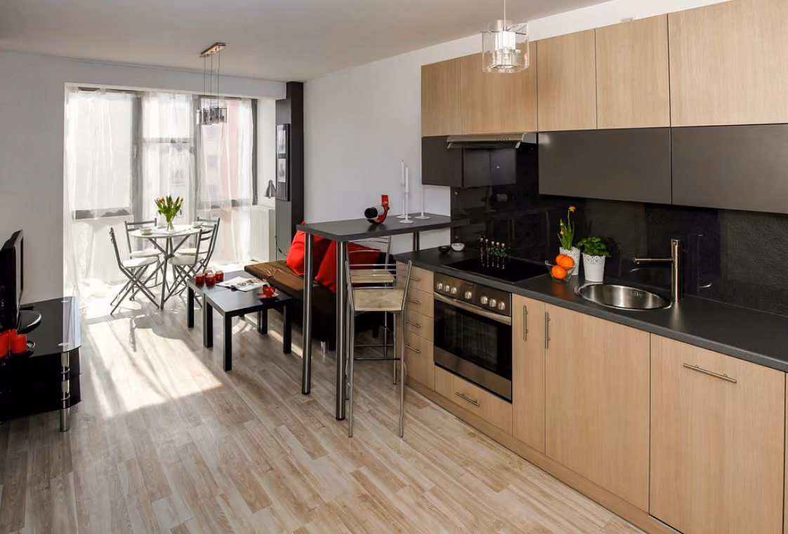 Sunlit open-concept apartment combining kitchen, dining table, and living area with large windows