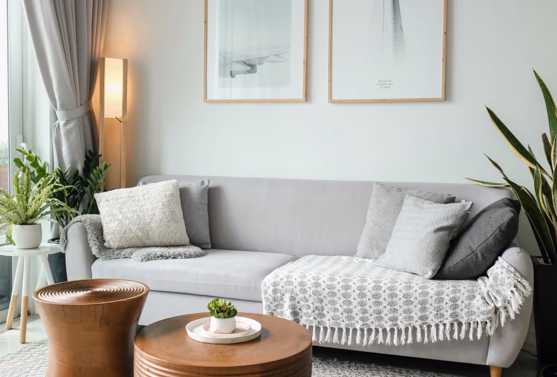 Neutral modern living room with a grey sofa, round wood tables, snake plant, and framed prints