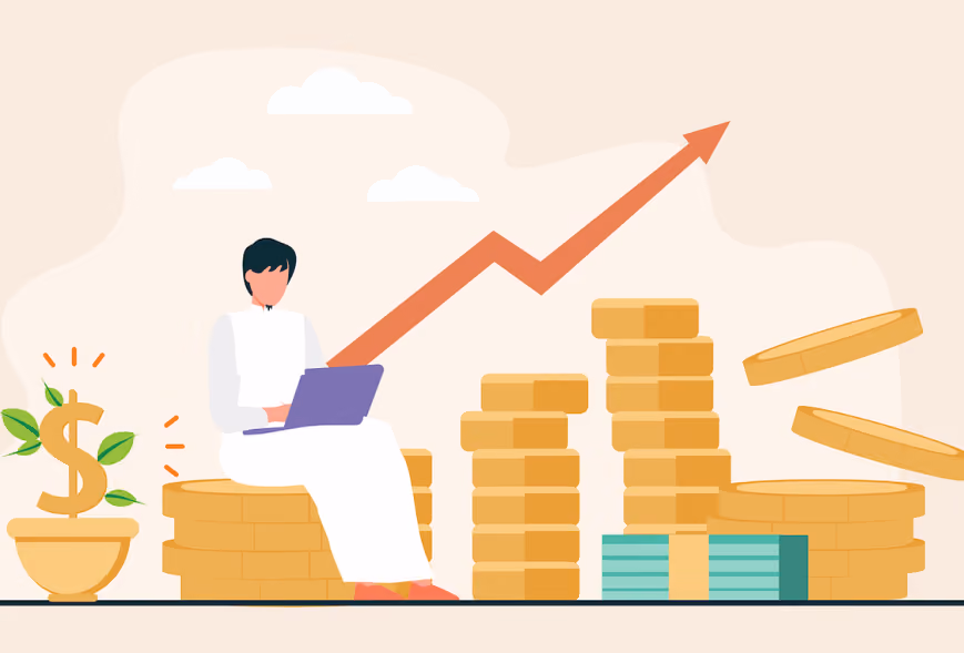 Colorful illustration of a person on gold coins using a laptop near a dollar-sign plant and growth arrow