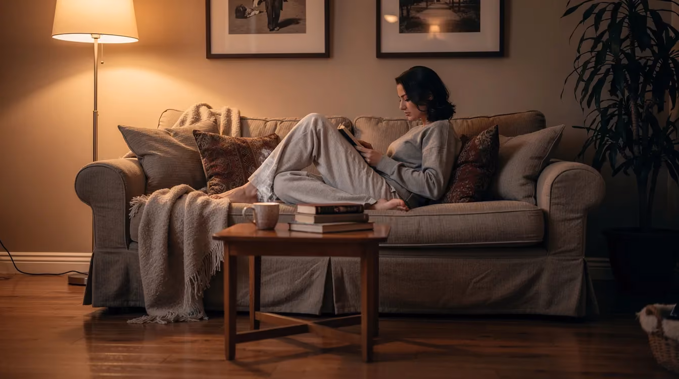 A lady reading a book on her couch