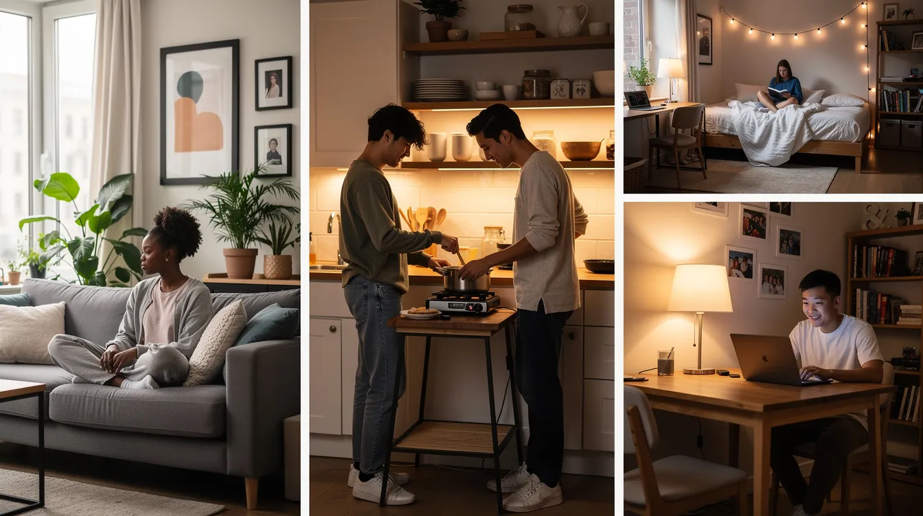 A collage of diverse residents enjoying their home spaces, featuring scenes of cooking, relaxing, and working in well-designed apartments.