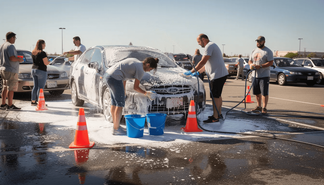 Residents washing cars