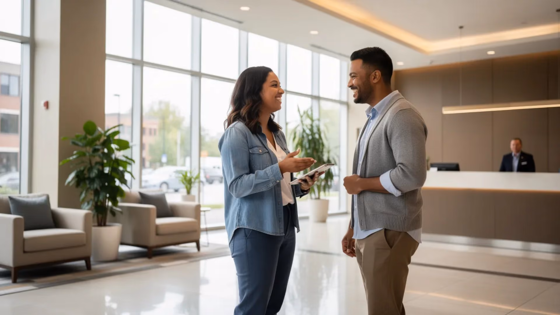 Property manager speaking with a resident in an apartment community leasing office.