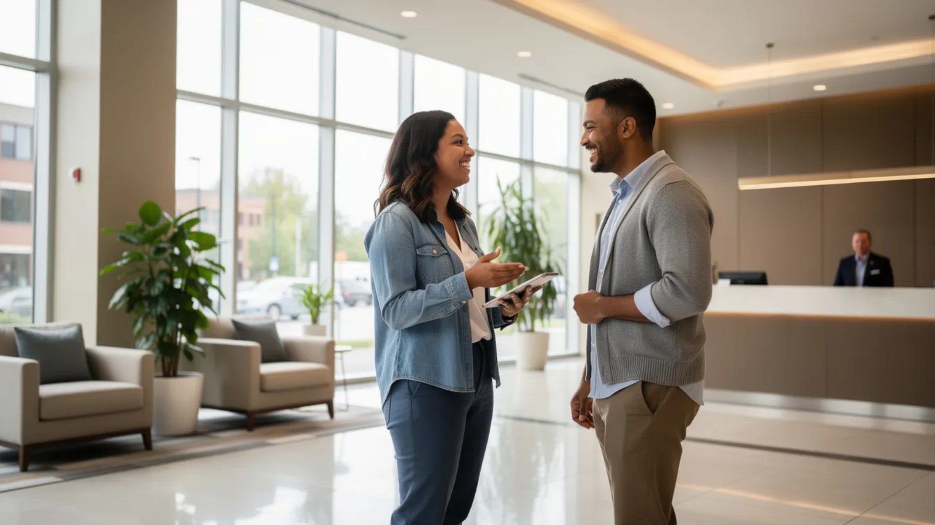 Property manager speaking with a resident in an apartment community leasing office.
