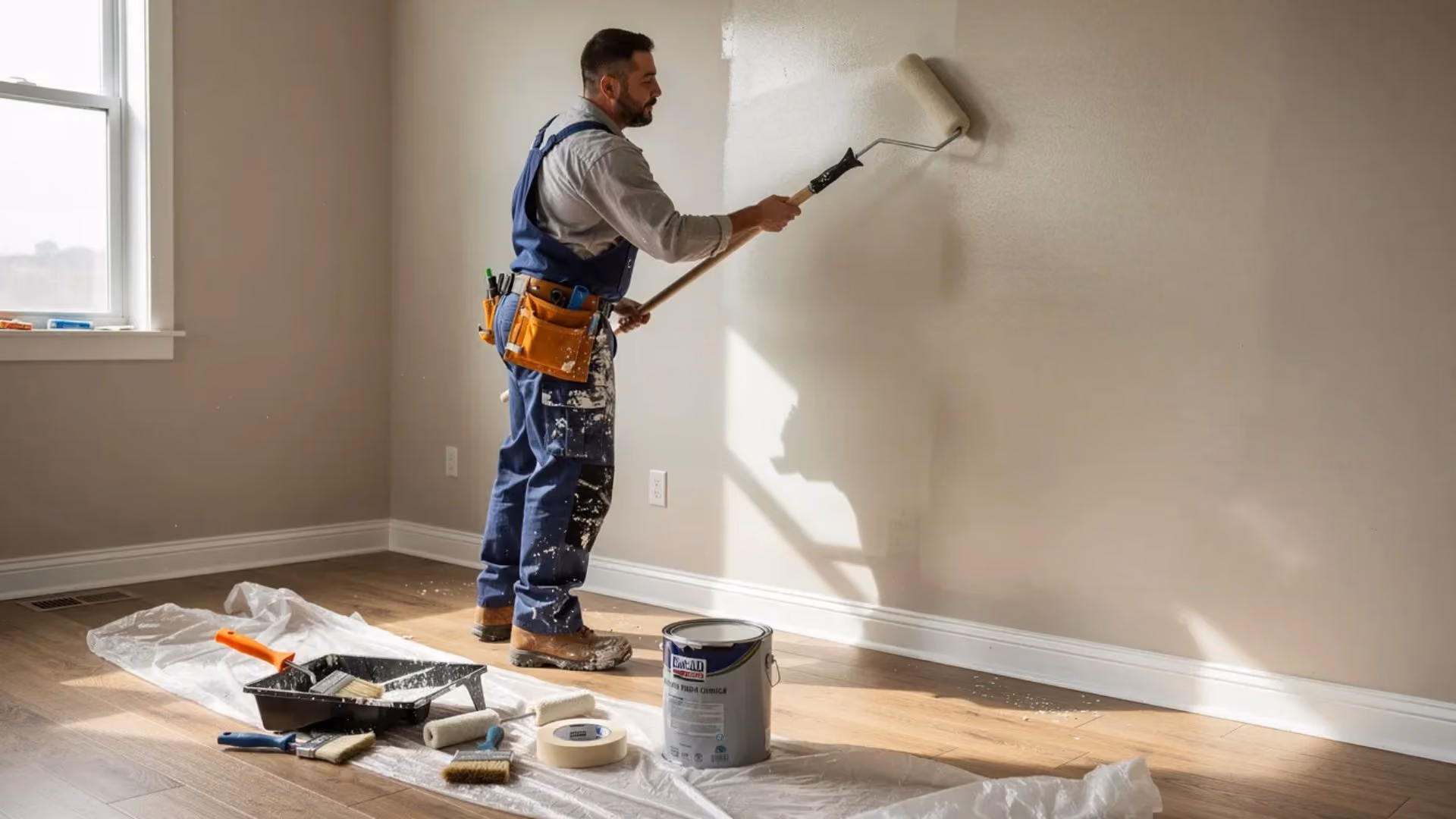 Maintenance technician painting a vacant apartment during the make-ready process.