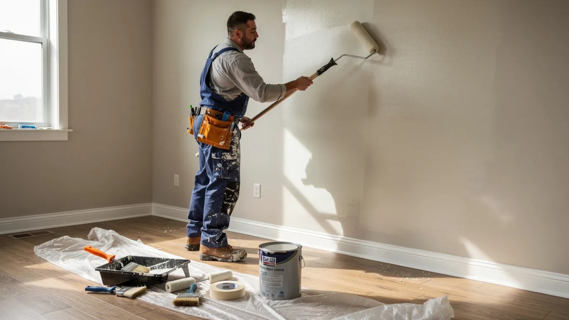 Maintenance technician painting a vacant apartment during the make-ready process.